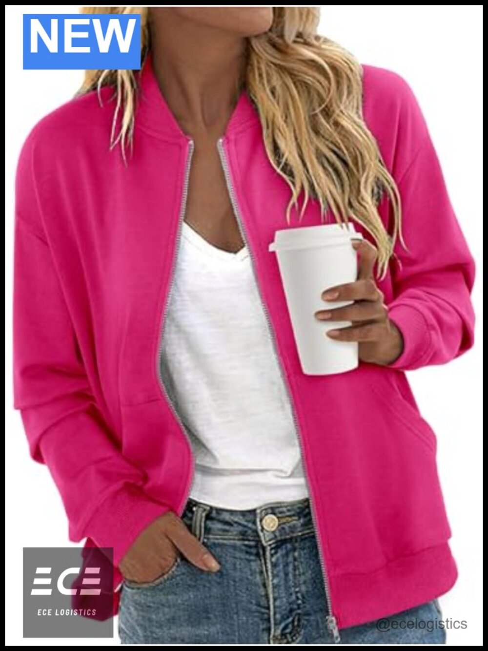 Women's Zip Up Bomber Jacket Cotton Blend Long Sleeve Casual Coat with Pockets